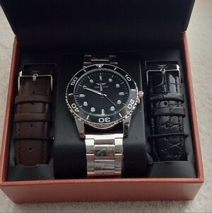 GIANELLO MEN'S WATCH GIANELLO REGAL SILVER INTERCHANGEABLE 3 STRAP WATCH SET NEW